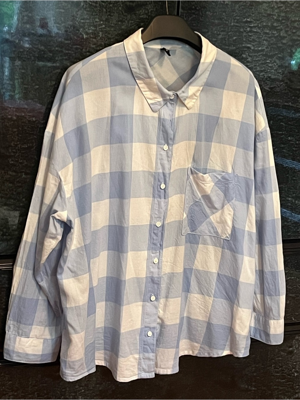 H&M Light Blue and White Oversized Cotton Gingham Button-Down Shirt